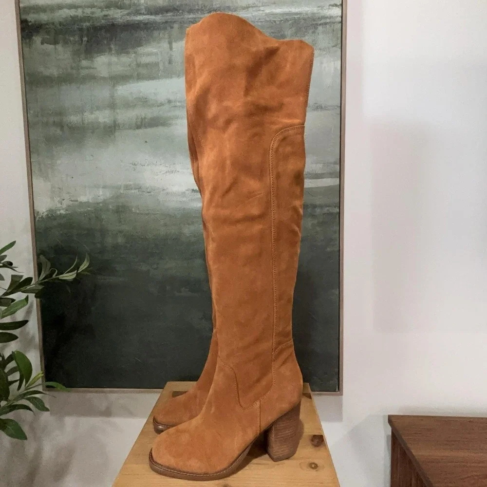 KDB Boots Womens Size 10 Brown Faux Suede Over The Knee Riding Block Heel Zip